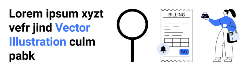 Magnifying glass examines billing receipt, with payment details emphasized. Woman holding bill, discussing transaction. Ideal for finance, payment, customer service, business, accounting analytics