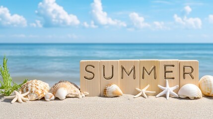a wooden cube spelling out the word SUMMER on a beach with seashells and starfish, with the sea and sky in the background.