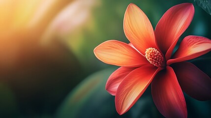 Obraz premium Realistic close-up of a vibrant tropical flower with detailed petals & textures, illuminated by soft, diffused lighting, blurred & natural background