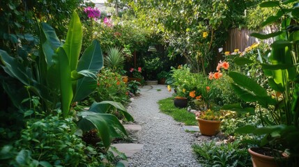 Obraz premium Lush backyard garden path with tropical foliage and vibrant flowers