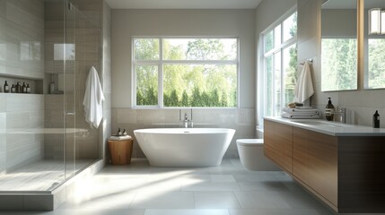 Newly renovated bathroom with modern fixtures, frameless mirror, and sleek tile design