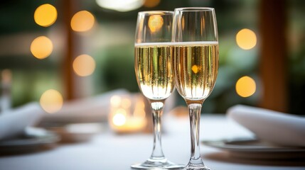 Two Glasses of Sparkling Wine on a Table with a Bokeh Background