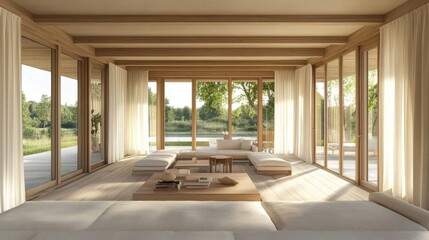 Nordic-style minimalist home with light wood panels, large picture windows, and a soft neutral interior