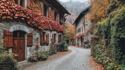Fototapeta premium Old stone farmhouse with wooden shutters, ivy-covered walls, and a gravel path leading to the door
