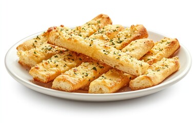 A plate of golden brown garlic breadsticks, seasoned with herbs, presented on a white plate against a bright white background