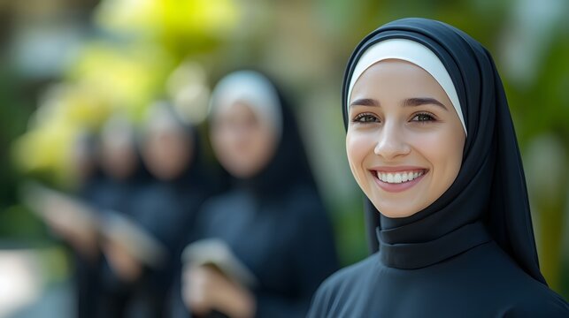 Joyful young nun with radiant smile, standing among sisters in garden during Catholic Sisters Week - Powered by Adobe
