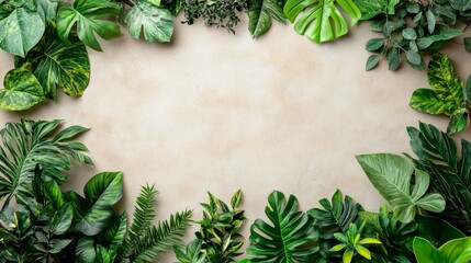 Fototapeta premium Lush Green Tropical Leaves Frame on Beige Background - Natural Border for Design