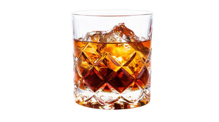 Crystal glass of whiskey with ice cubes on transparent background