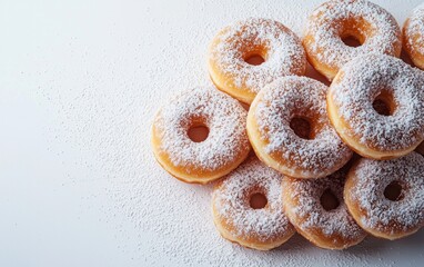 A high-angle, close-up shot depicts a pile of powdered sugar donuts on a white background. The donuts are golden brown, and the powdered sugar is generously sprinkled on top and around them. 