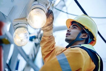 Electrician changing light bulb on crane in shipyard