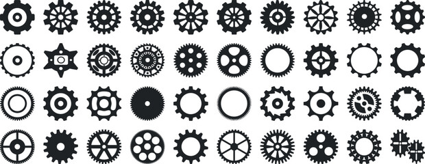 Gear icon vector set, black cogwheel vector collection, mechanical gear shapes, engineering symbols, industrial machinery, sprocket designs