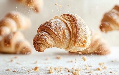 A golden brown croissant levitates against a blurred background of more croissants and powdered sugar.  Powdered sugar particles are dispersed in the air around it