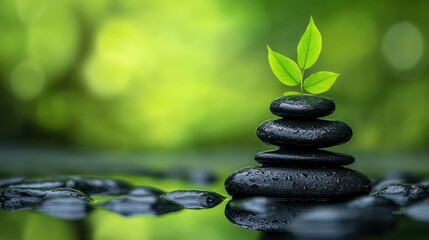 Serene Zen Garden Black Stones and Sprouting Plant in Tranquil Nature