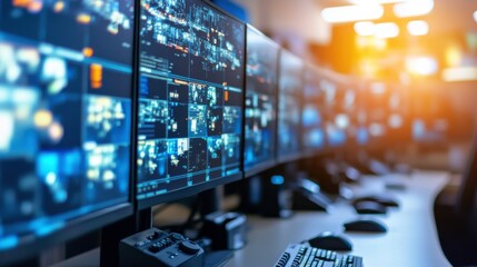 Central Command Room with Bright 3D Rendering and Screens