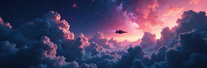 Cosmic storm clouds surrounding a lone spaceship in space, space, galaxy, dark matter