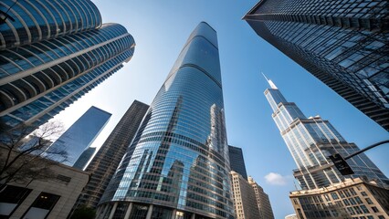 Reflective skyscrapers, business office buildings.
