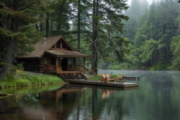 Obraz premium A charming wooden cabin nestled beside a tranquil lake with a dock, surrounded by a lush green forest, A serene lakeside cabin with a dock for fishing