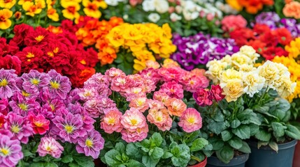 Obraz premium Vibrant Rainbow of Spring Flowers in Colorful Pots