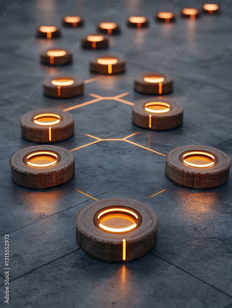 Poster abstract connection network with glowing elements on textured surface