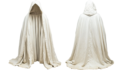 White hooded cloak, studio shot, front and back views, costume design