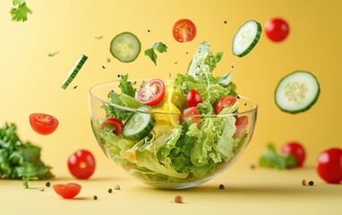 Fresh green salad with cherry tomatoes, cucumbers, and herbs in a glass bowl against a yellow background.  Vegetables appear to be falling into the bowl