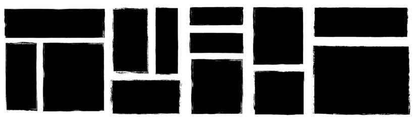 Vector set with black doodle rectangular shapes with rough edges, distressed painted textured rectangles