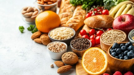 Vibrant and Healthy Food Assortment A Delicious Spread of Grains, Fruits, Nuts, and Berries