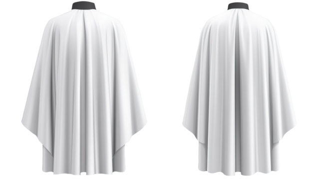 White barber cape, front and back view, studio shot, clean background, hair salon use