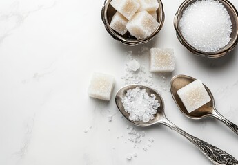 Raw Sugar Cubes and Granulated Sugar in Silver Spoons with Elegant Bowls on White Marble Surface