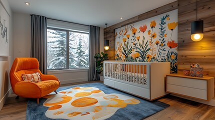 Modern Nursery Interior Design with Orange Chair Floral Wall Mural and Crib
