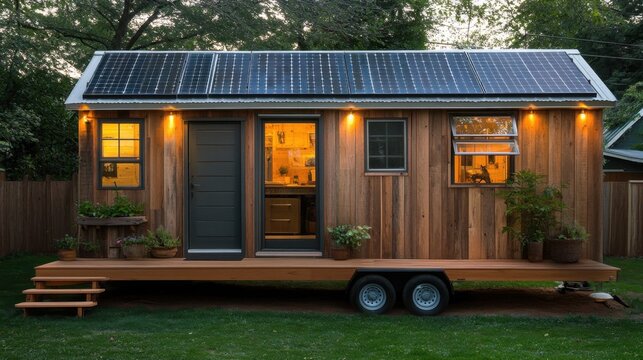 Tiny house with off-grid solar panels, rainwater collection system, and eco-friendly materials
