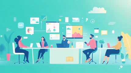 Diverse professionals collaborating at virtual meeting with data visualization