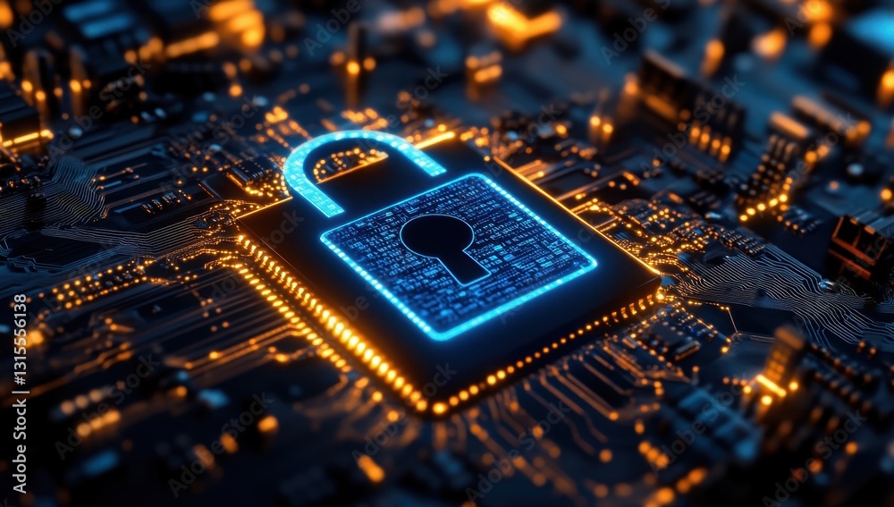 Poster secure digital lock over computer circuit board with glowing lights representing cybersecurity and d