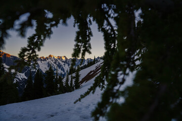 Majestic Snow-Covered Mountain Peaks of the Northern Pickets at Sunset, North Cascades National Park
