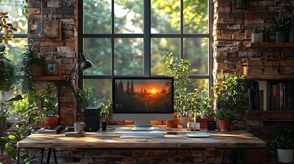 Serene Home Office Workspace with Sunset Desktop Background Plants and Rustic Decor