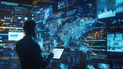 Analyzing Global Data Streams, Man Using Tablet with World Map and Graphs