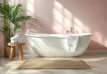 Fototapeta premium Serene Bathroom Interior with Freestanding Bathtub, Textured rug, Fresh Green Plant, and Soft White Towels Against Calm Pink Wall Background