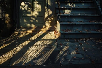 Naklejka premium Shadows from a nearby tree stretch across a stone patio as the sun sets, Shadows growing long as the day comes to a close