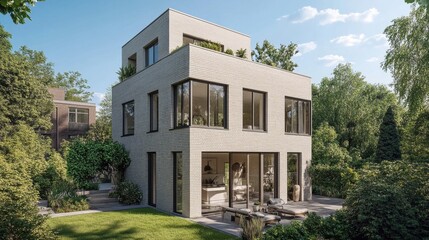 Fototapeta premium Urban two-story home with a bold modern design, rooftop terrace, and smart energy-saving features