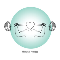 Vector icon for Physical Fitness &ndash; Strong Arms Holding Dumbbells and Heart for Wellness.