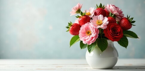 Fototapeta premium Floral arrangement of strawberry flowers in a vase, , fresh flowers, flowers