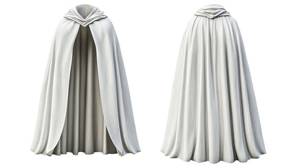 White hooded cloak, front and back views, isolated on white background, for design