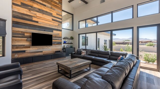 Wooden barn-style home with a rustic-industrial aesthetic, featuring reclaimed wood and large windows