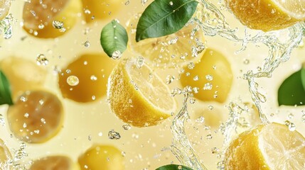 Fresh lemons and green leaves splashing in water. Vibrant yellow citrus fruit in dynamic motion against a pale yellow background.  Close-up view