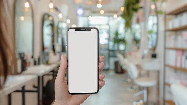 Blank smartphone screen in modern hair salon interior with mirrors and elegant lighting, Mockup
