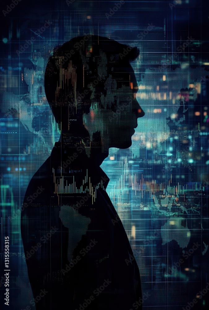 Poster silhouette of a business professional amidst abstract technology background with data visualization 
