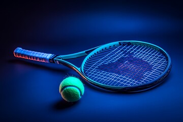Tennis racket, ball, blue light, sport