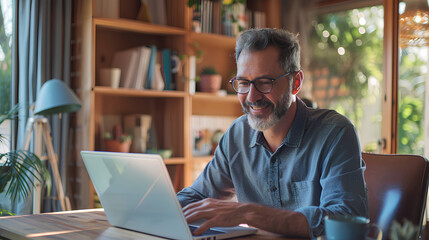 A senior professional working remotely from a cozy home office, smiling while using a laptop