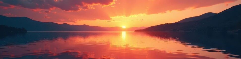 Fototapeta premium Warm orange hues fade into the lake's surface, landscape art, tranquil, sunset