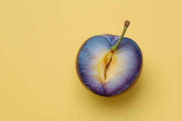 Plum Halved, Vibrant Fruit, Yellow Background